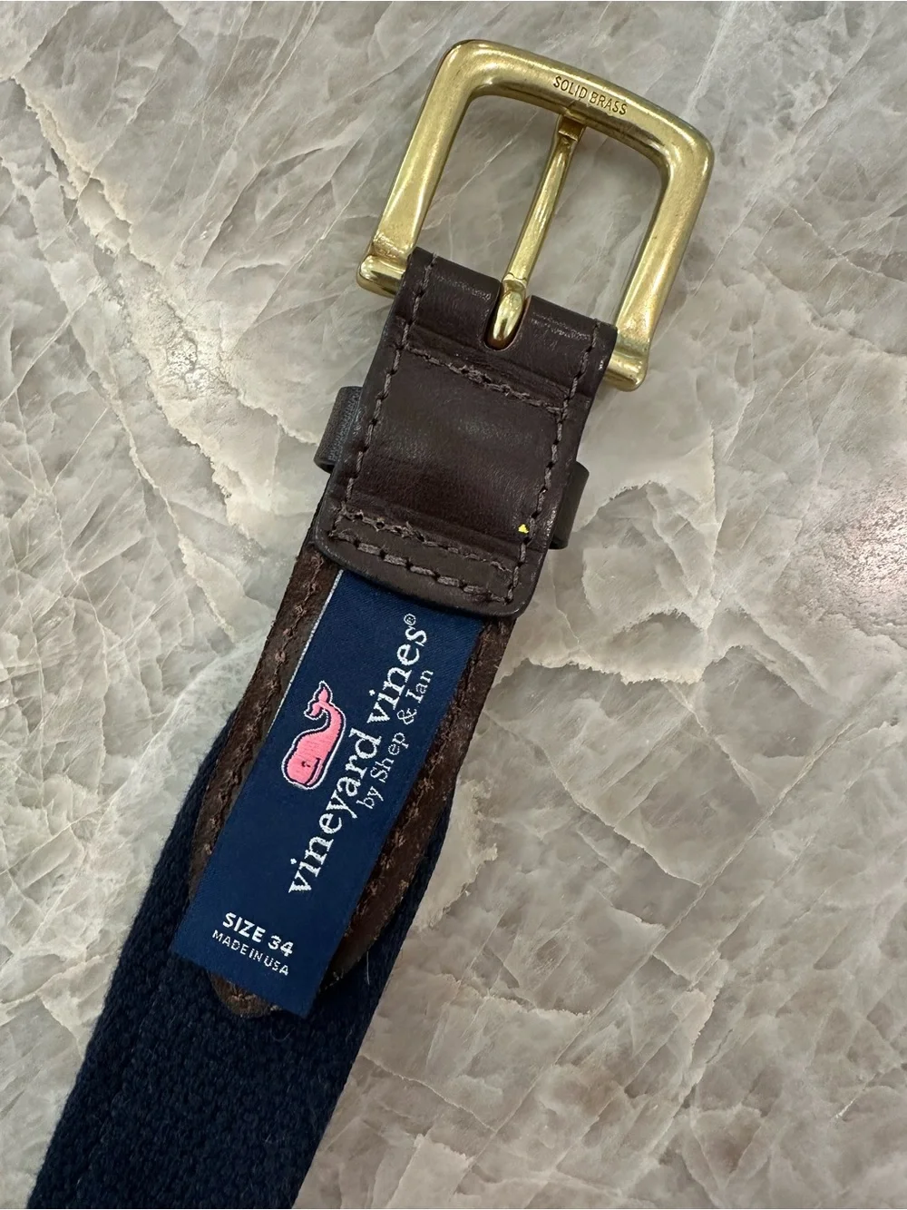 Vineyard Vines Belt, Blue with Fall leaves, Brown Leather & Gold Buckle